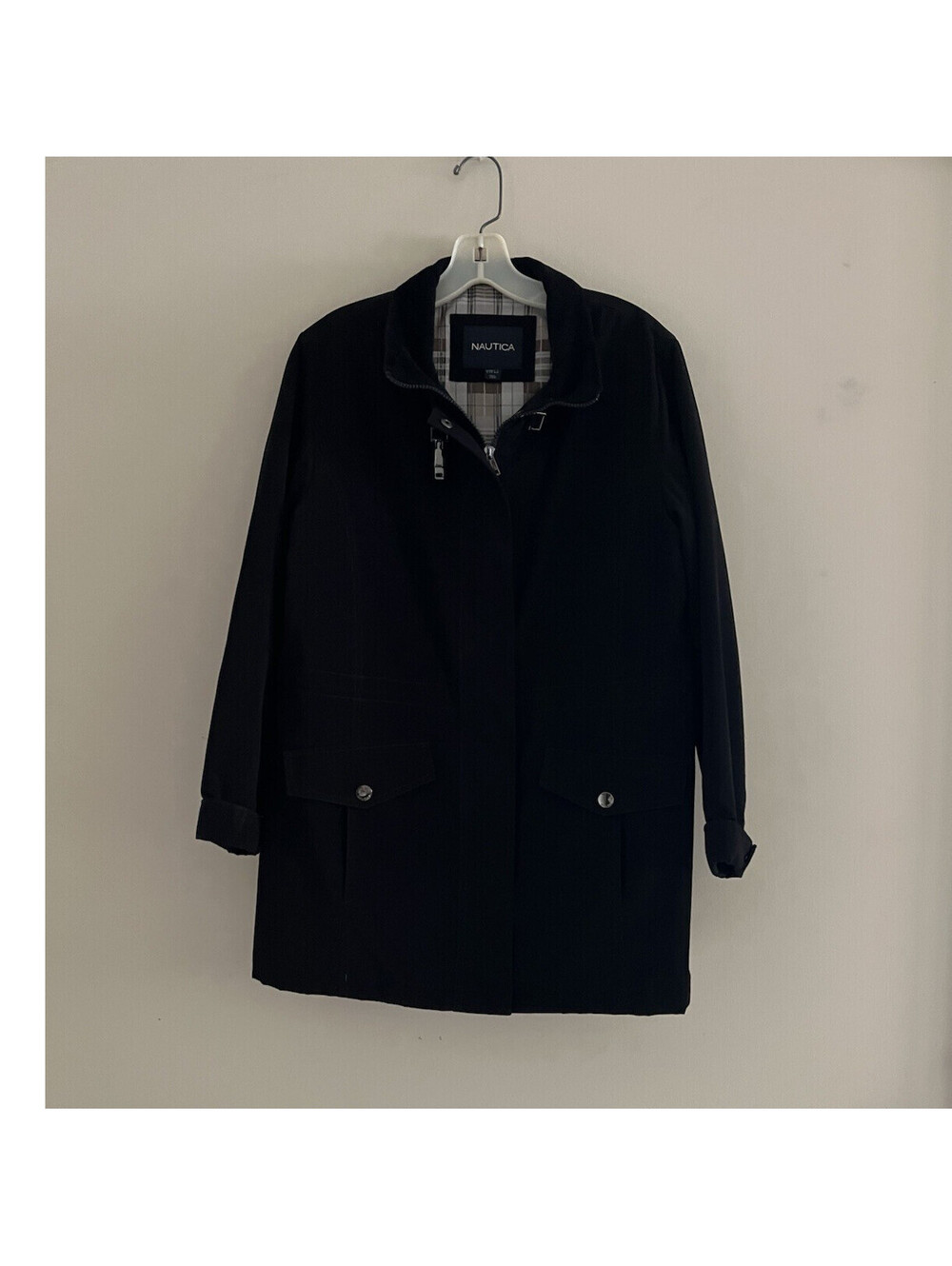 Nautica Black Womens Size Small Mid-Length Trench coat Zipper suede collar